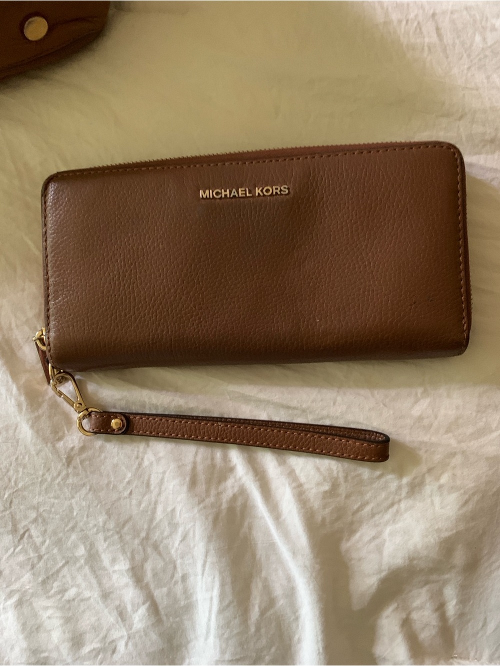 Michael Kors Brown Leather Zip Wristlet Wallet with Gold Hardware
